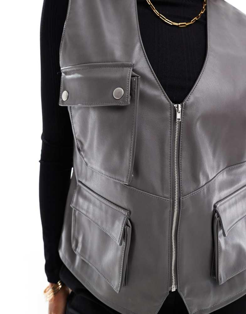 ASOS ASOS DESIGN faux leather utility pocket detail gilet in grey