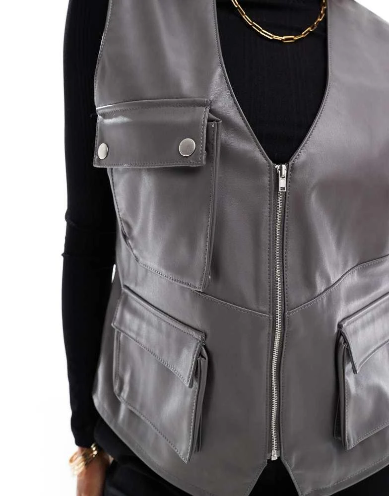 ASOS ASOS DESIGN faux leather utility pocket detail gilet in grey 2