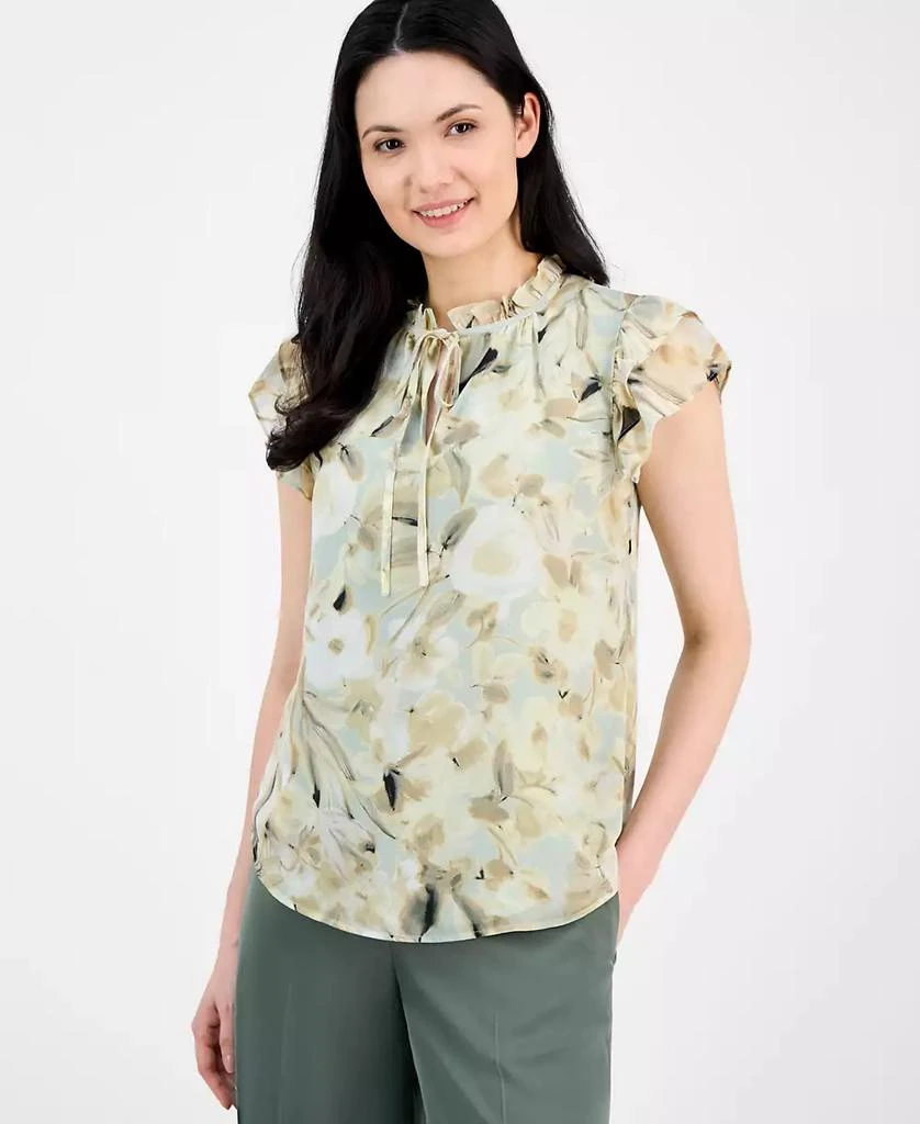 Anne Klein Petite Printed Ruffled-Sleeve Tie-Neck Blouse 1