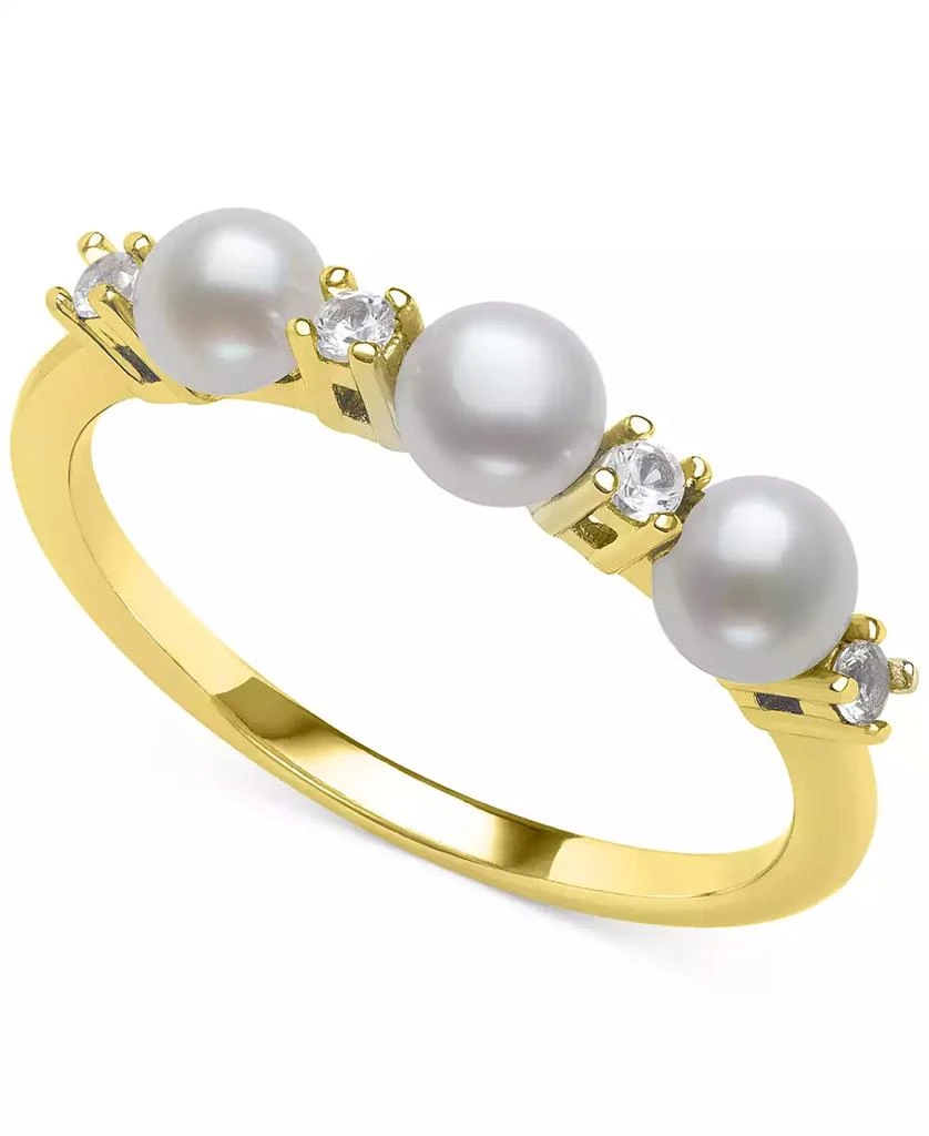 Belle de Mer Cultured Freshwater Button Pearl (4mm) & Lab-Created White Sapphire (1/6 ct. t.w.) Ring in 14k Gold-Plated Sterling Silver 1