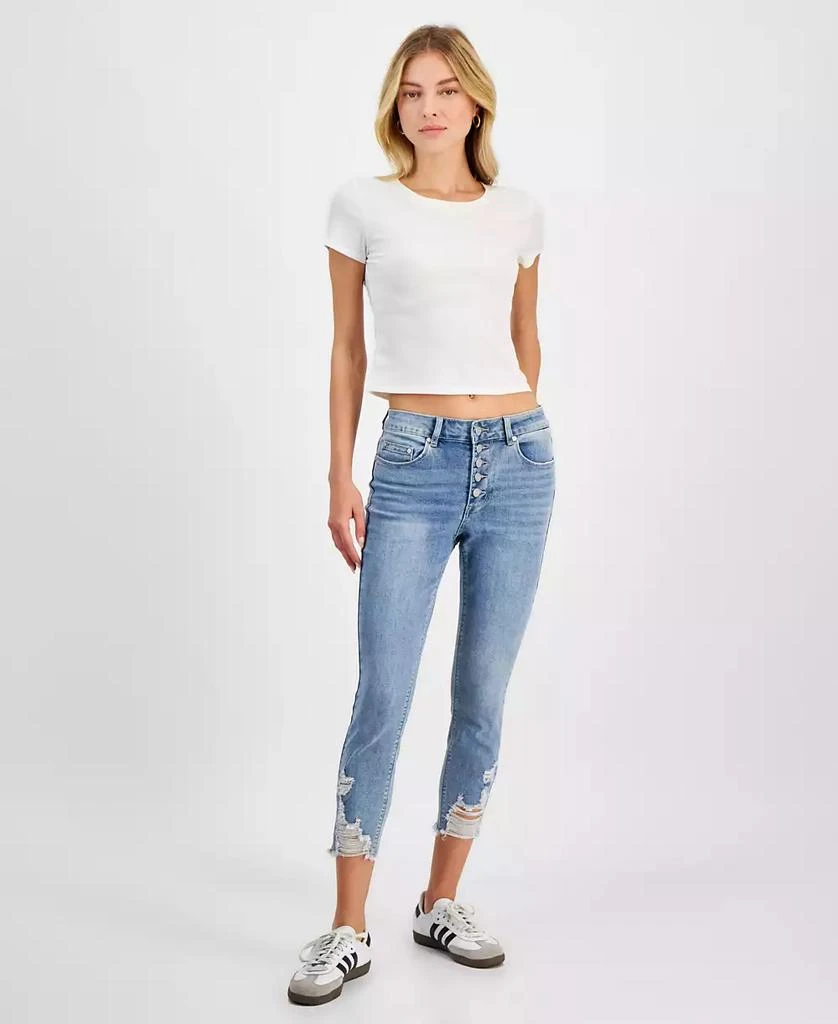 Indigo Rein Juniors' Mid Rise Button Fly Distressed Cropped Curvy Jeans 5