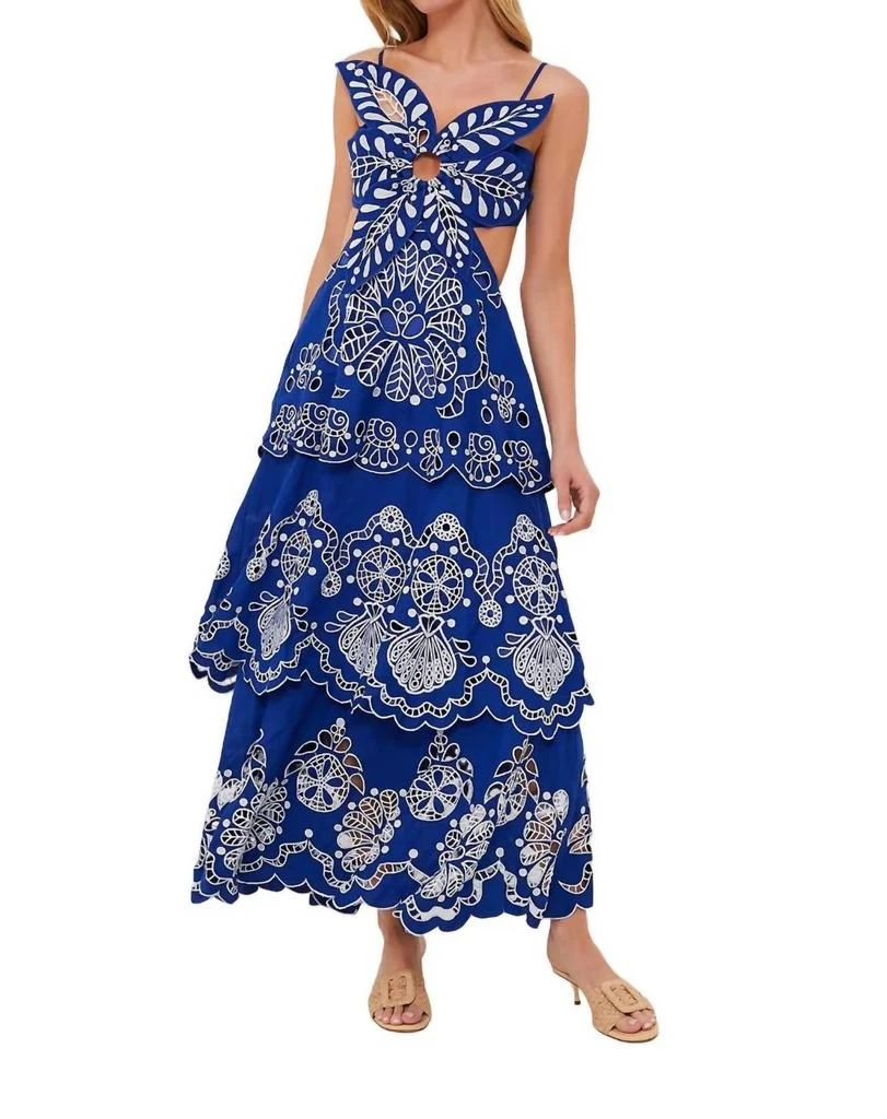 Farm Rio Richelieu Linen Midi Dress In Blue Flower 1