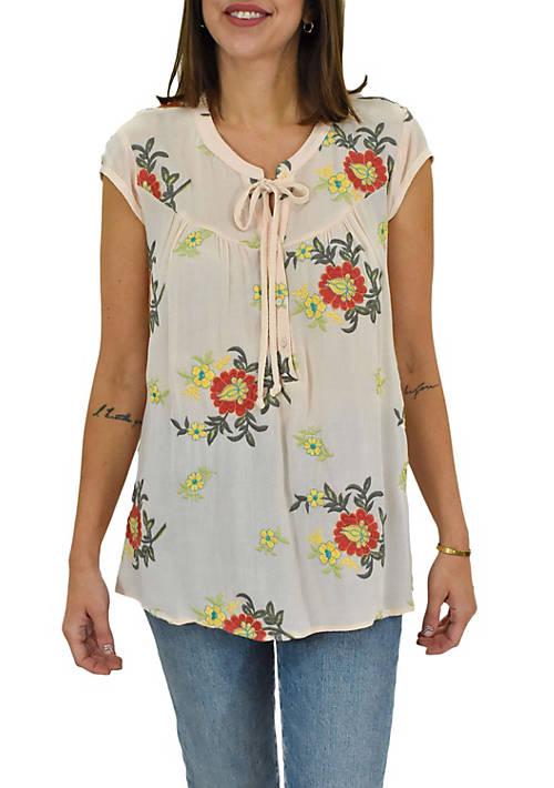 DR2 by Daniel Rainn By Daniel Rainn Floral Embroidered Top With Cap Sleeves