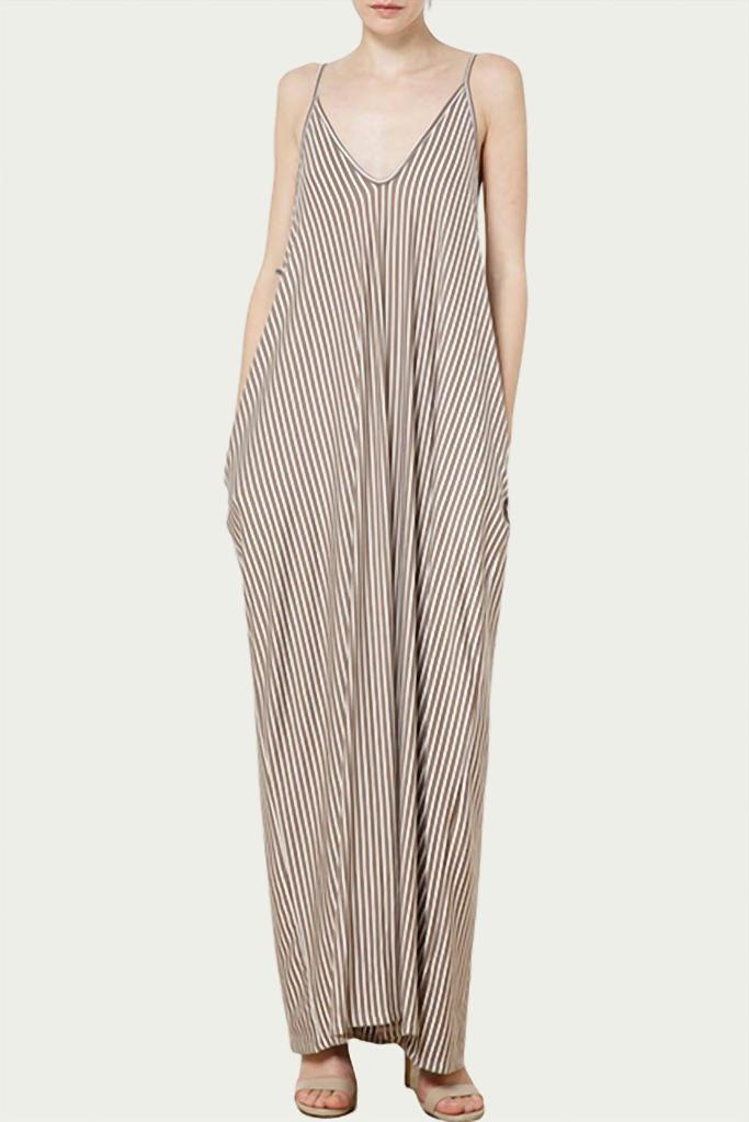 BLACK IRIS Striped Stretch-Modal Jersey Maxi Dress In Mocha/white