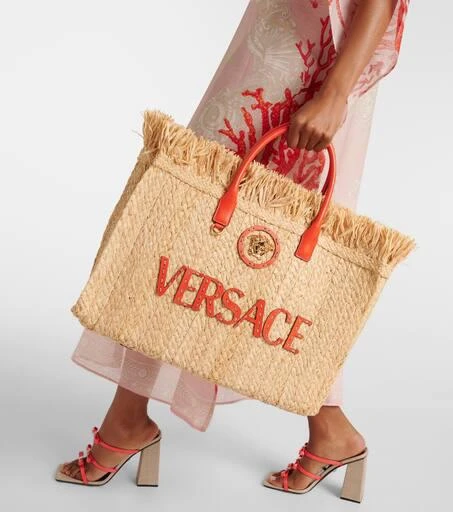 Versace La Medusa leather-trimmed straw tote bag 2