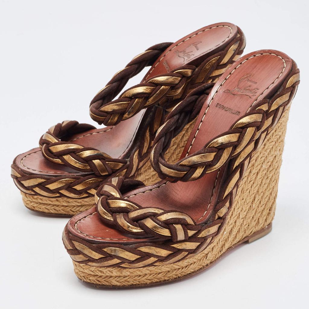 Christian Louboutin Christian Louboutin Brown/Gold Braided Leather and Suede Espadrille Wedge Sandals Size 35