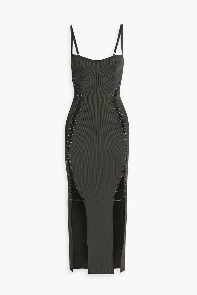 NICHOLAS Lace-up ribbed-knit midi dress