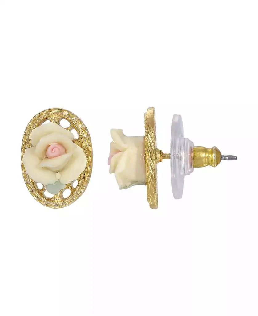 2028 14K Gold Plated Rose Oval Lattice Button Earrings