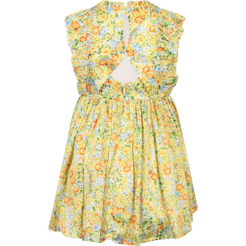 Abel & Lula Floral print all over ruffled dress with open back in yellow