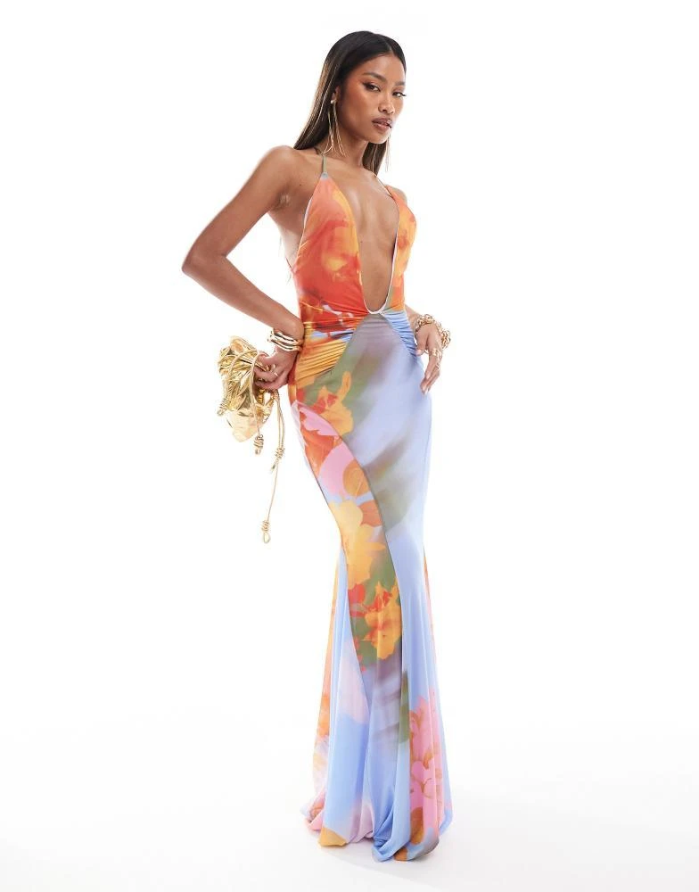 ASOS ASOS DESIGN mesh plunge maxi dress with full godet skirt in abstract floral print 1
