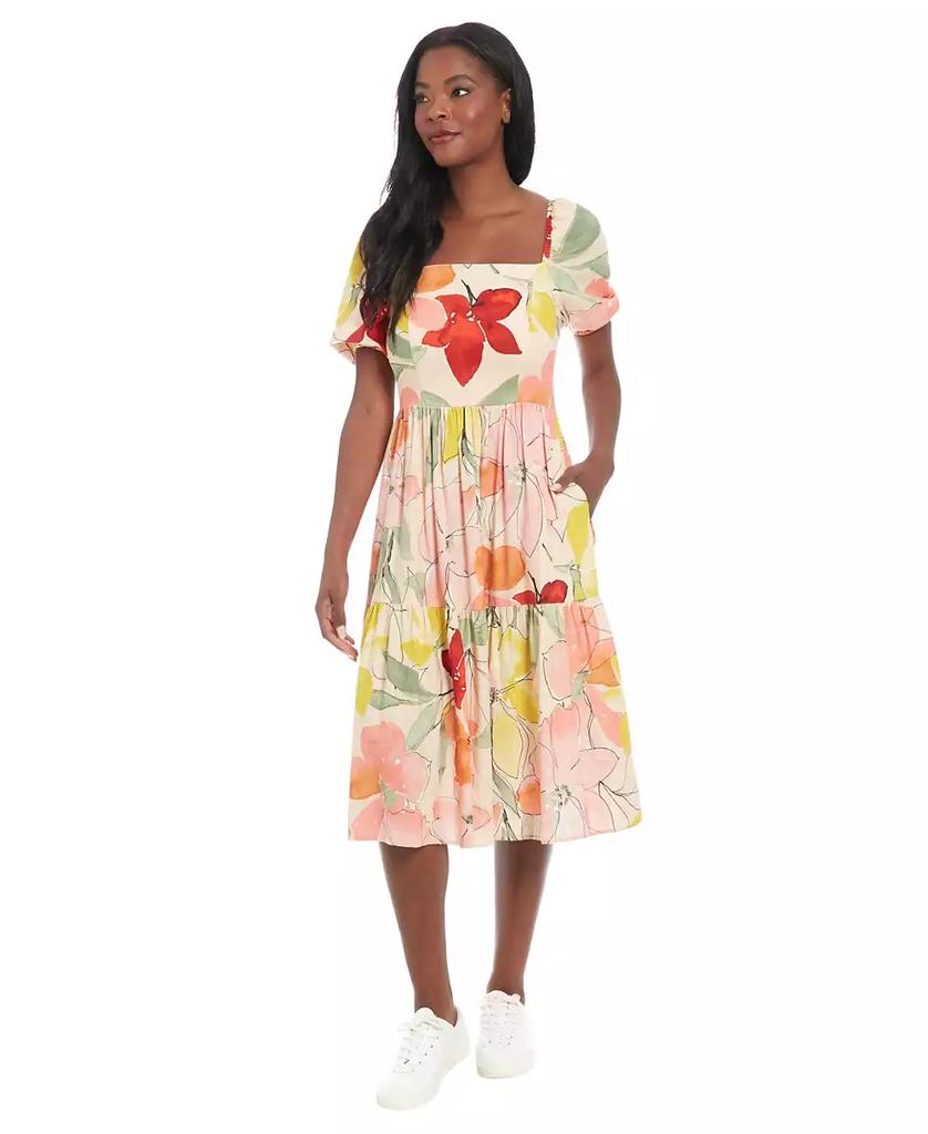 London Times Women's Floral-Print Square-Neck Puff Midi Dress