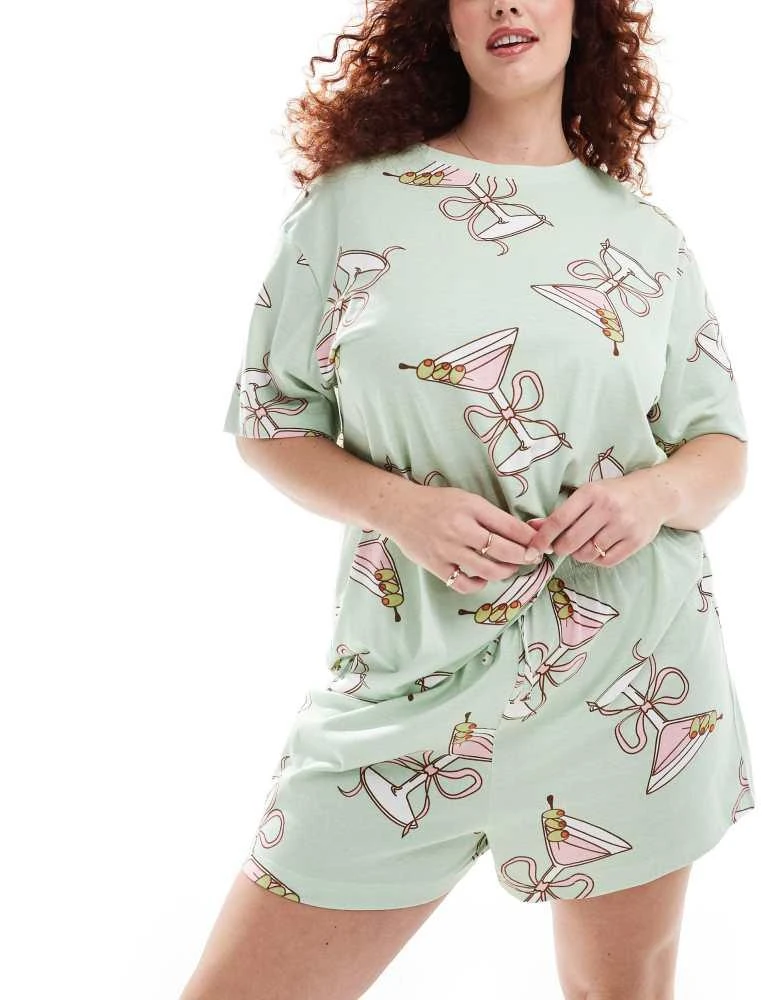 ASOS ASOS DESIGN Curve cocktail glass oversized tee & short pyjama set in green 1