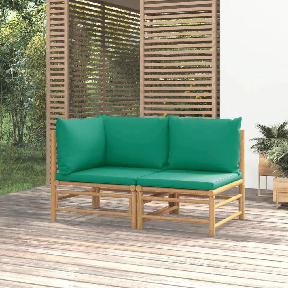 VidaXL 2 Piece Patio Lounge Set with Green Cushions Bamboo