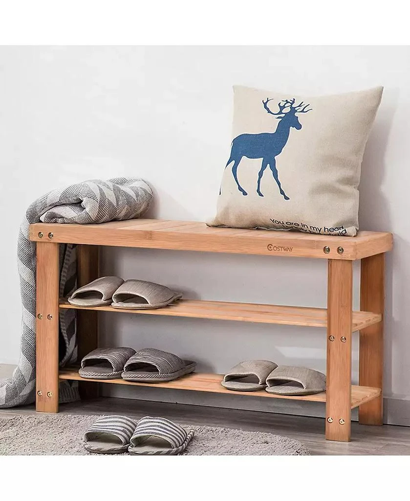 Costway 2-Tier Bamboo Shoe Bench Storage Racks Seat Organizer Entryway Hallway 3