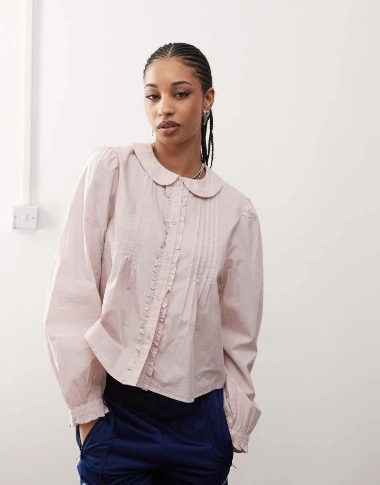 Monki Monki long sleeve frill collared shirt blouse in light dusty pink 1