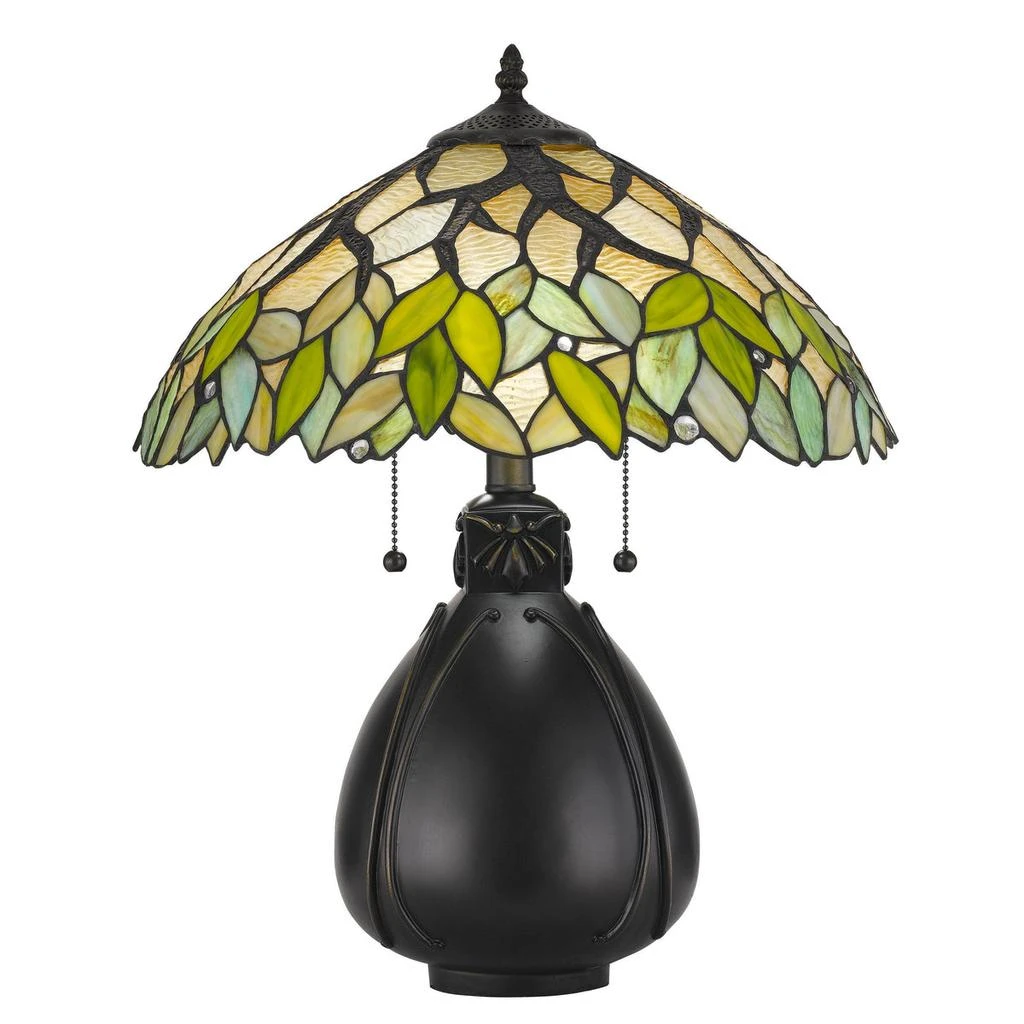 Hivvago 2 Bulb Tiffany Table Lamp with Leaf Design Glass Shade, Multicolor