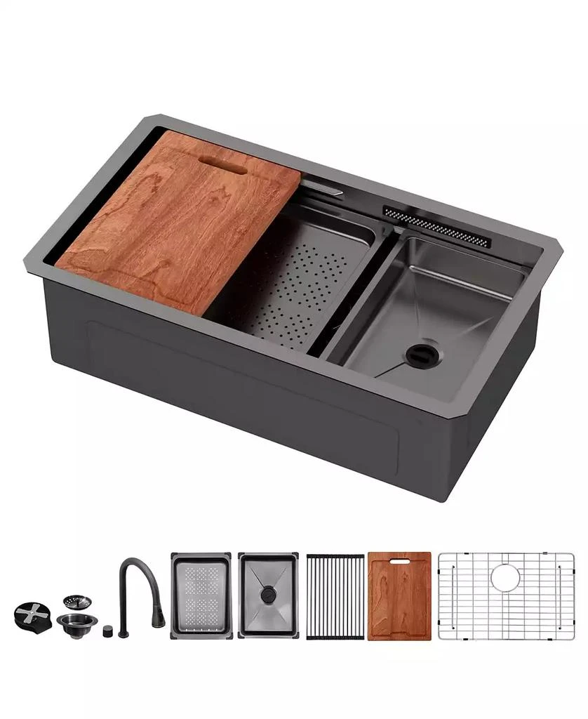 Flynama 33x16.72x10inch Undermount Gunmetal Black Waterfall Kitchen Sink Stainless Steel Workstation 9