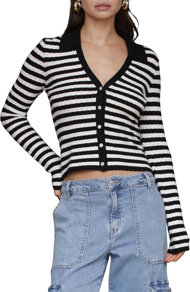 Avec Les Filles Striped Pointelle Polo Cardigan