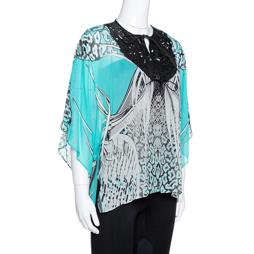 Roberto Cavalli Roberto Cavalli Turquoise Blue Printed Silk Leather Trim Kaftan Top M 2