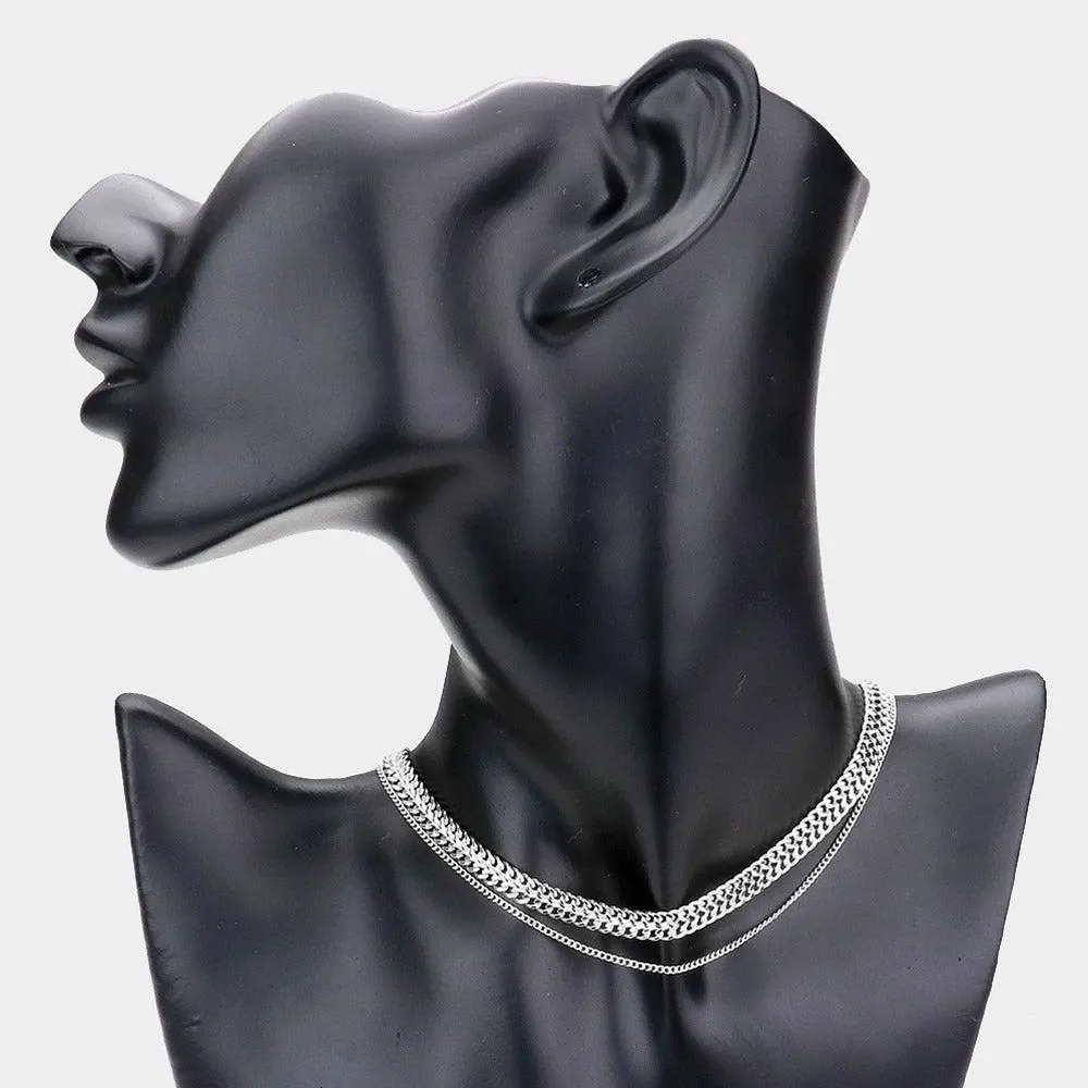 FASHNZFAB Double Layered Metal Chain Choker Necklace