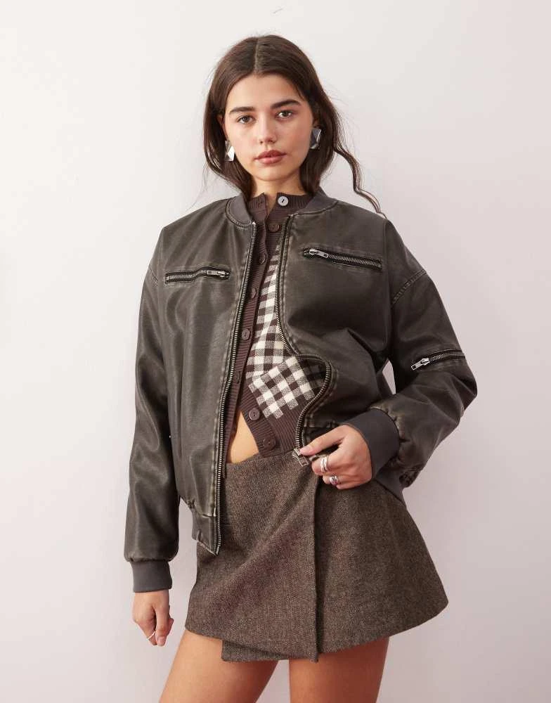 Motel Motel marco distressed faux leather bomber jacket in black 1
