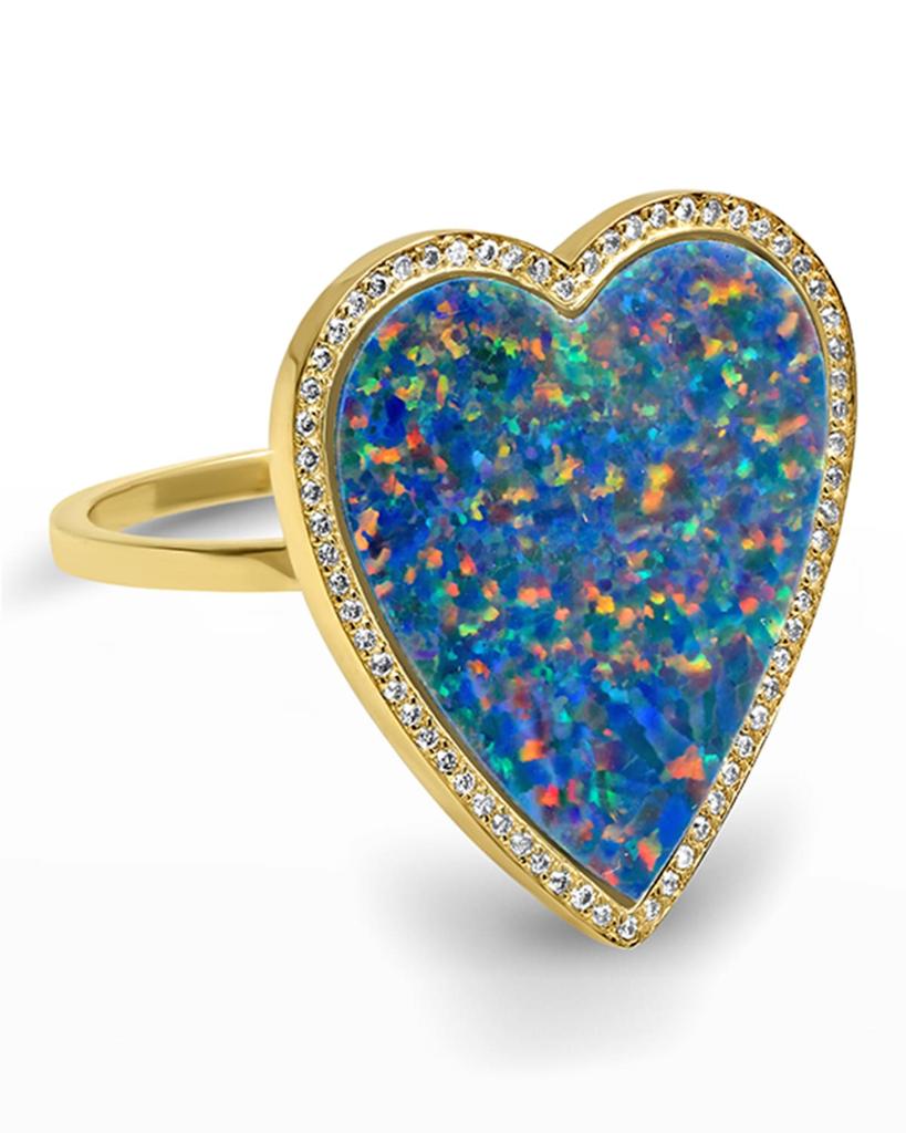 Jennifer Meyer Yellow Gold Blue Opal Inlay Heart Ring with Diamonds, Size 6.5