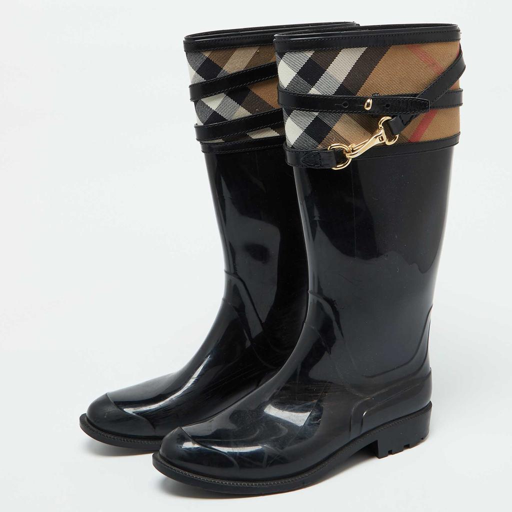 Burberry Burberry Black/Beige Rubber and House Check Canvas Rain Boots Size 38