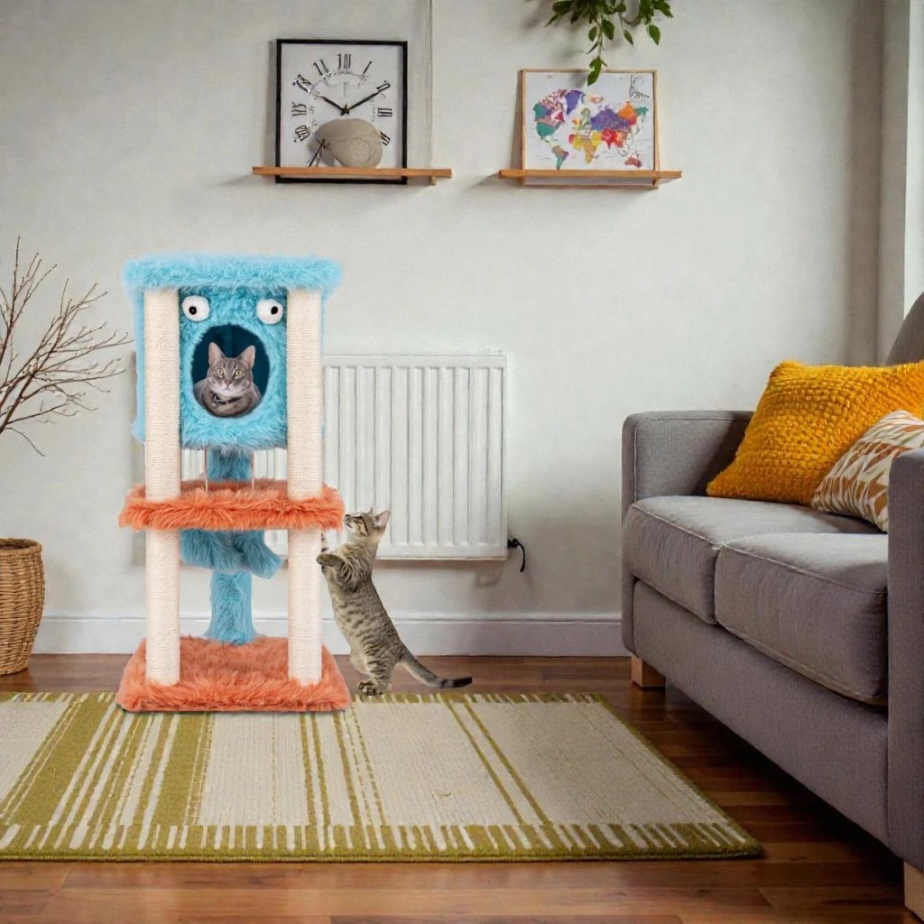 Hivvago Adorable Monster-Style Cat Tower with Cozy Condo and Ultra-Soft Plush