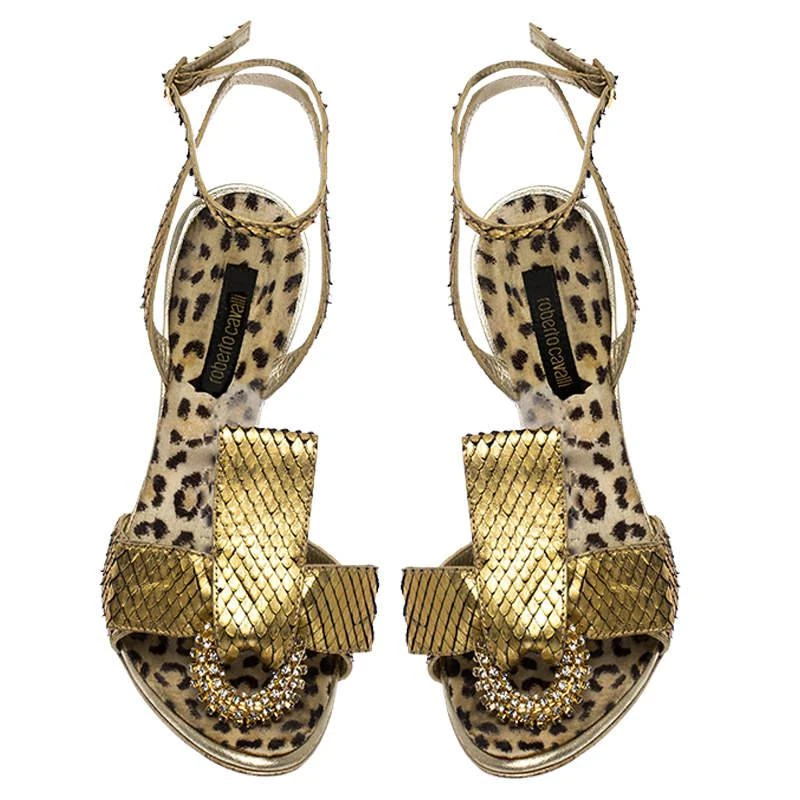 Roberto Cavalli Roberto Cavalli Metallic Gold Python Leather Embellished Ankle Strap Sandals Size 38 3
