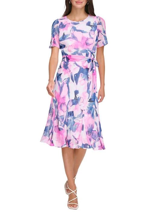 DKNY Womens Short Sleeve Tie Waist Floral Print Fit And Flare Dress 1