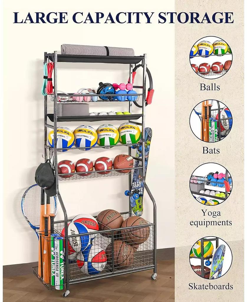 Mythinglogic Weight Capacity Sports Storage Garage Organizer for Balls Yoga Mats Multifunction Equipment Rack