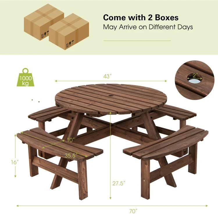 Hivvago Espresso Wooden 8 Seater Picnic Table Umbrella Hole 5