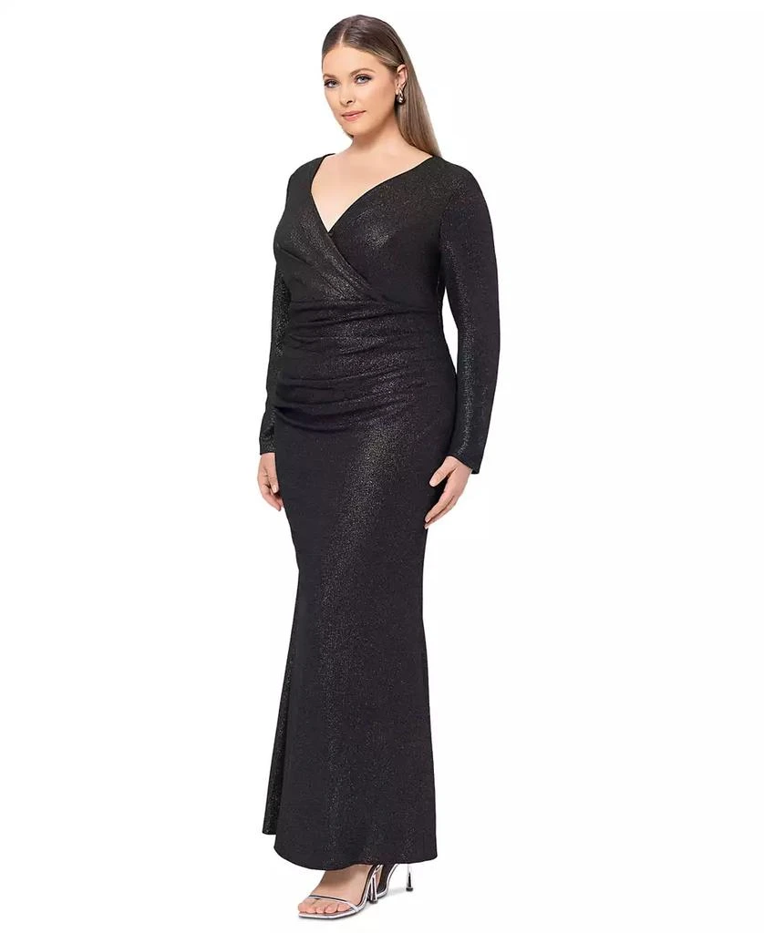XSCAPE Plus Size Ruched Foil-Knit Long-Sleeve Gown 3