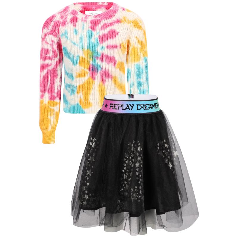 Replay & Sons Colorful spots logo sweater and elastic waist skirt set in white pink black blue and yellow