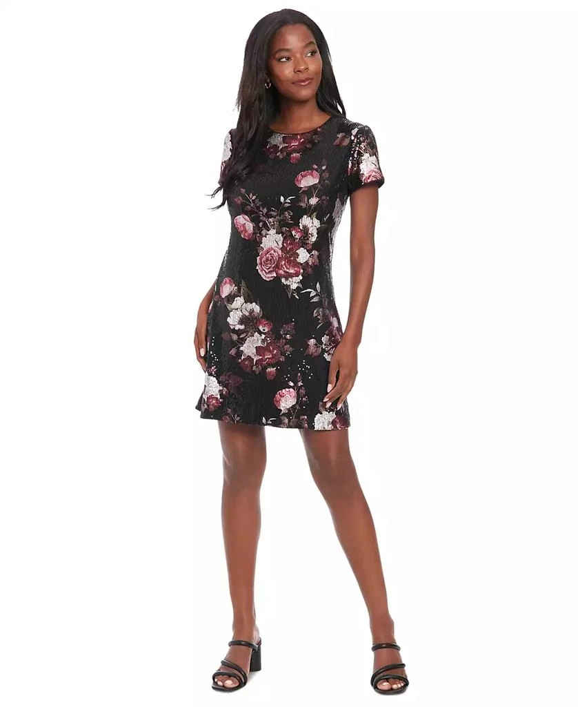 London Times Petite Floral-Sequin Short-Sleeve Dress 3