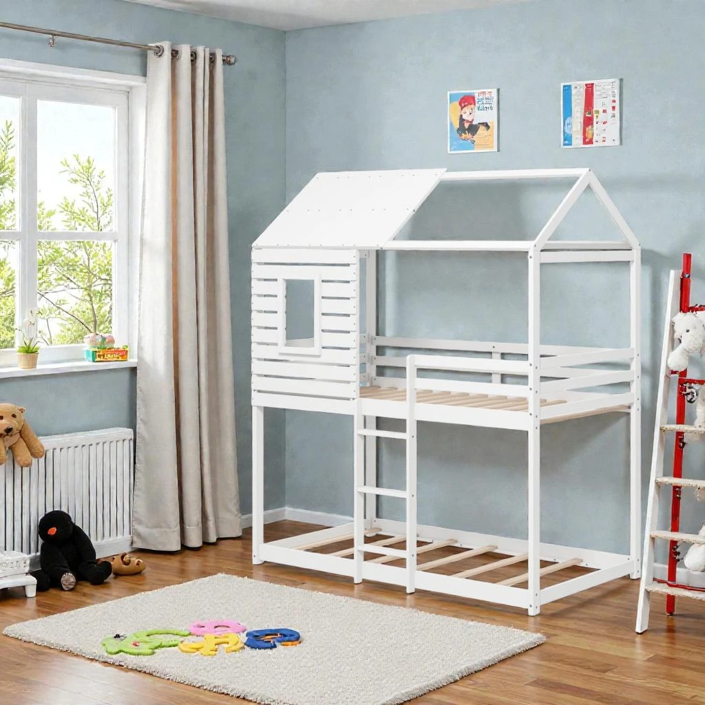 Hivvago Playhouse Twin Over Twin Bunk Bed Featuring Roof and Safety Rails