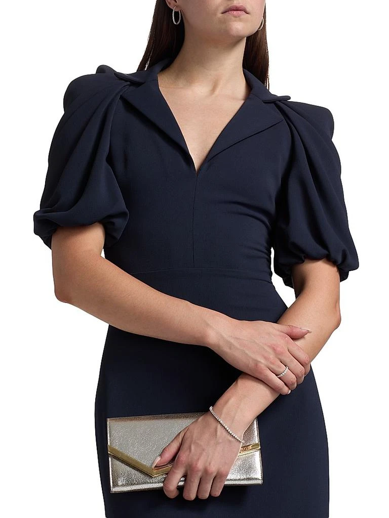 Badgley Mischka V-Neck Mermaid Gown with Puff Sleeves, Size: 14 in Navy