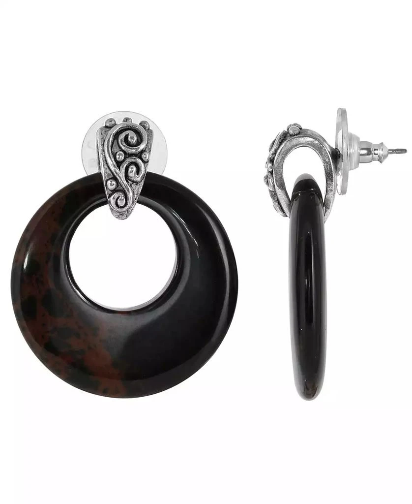 2028 Pewter Semi Precious Round Obsidian Hoop Earrings 1