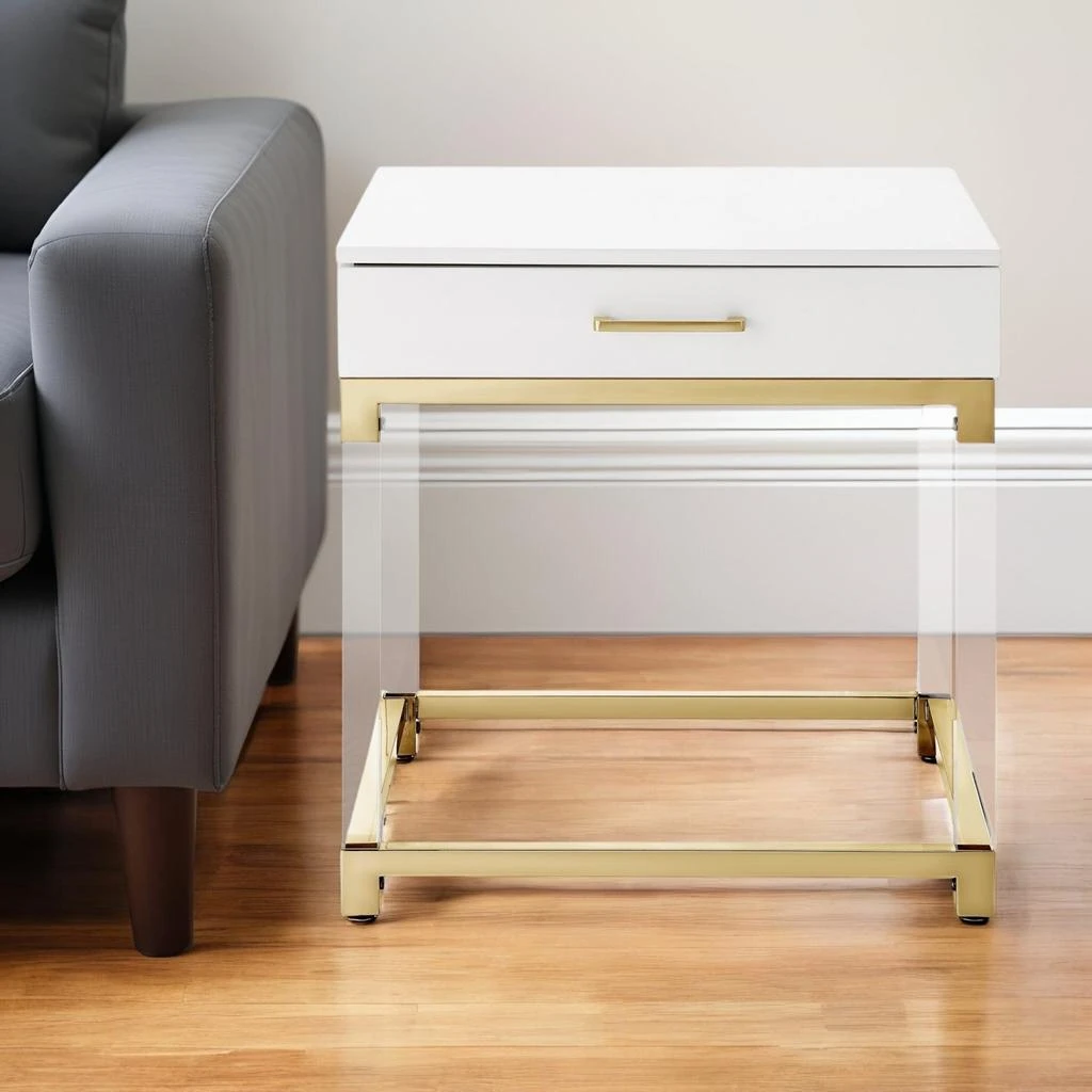 Hivvago 24" White and Gold Wood Acrylic and Stainless Steel Square End Table With Drawer