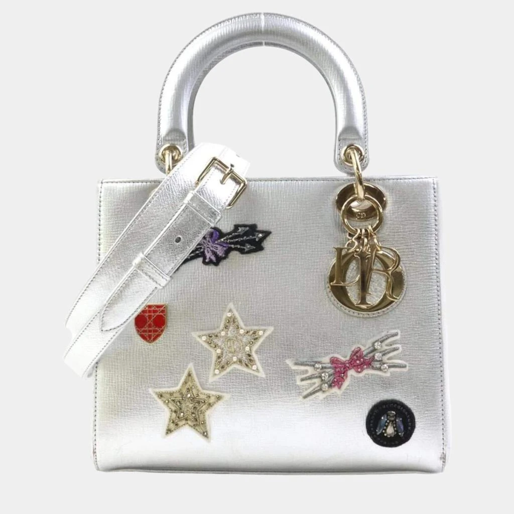 Dior Dior Metallic Silver Leather Medium Lady Dior Tote Bag 1