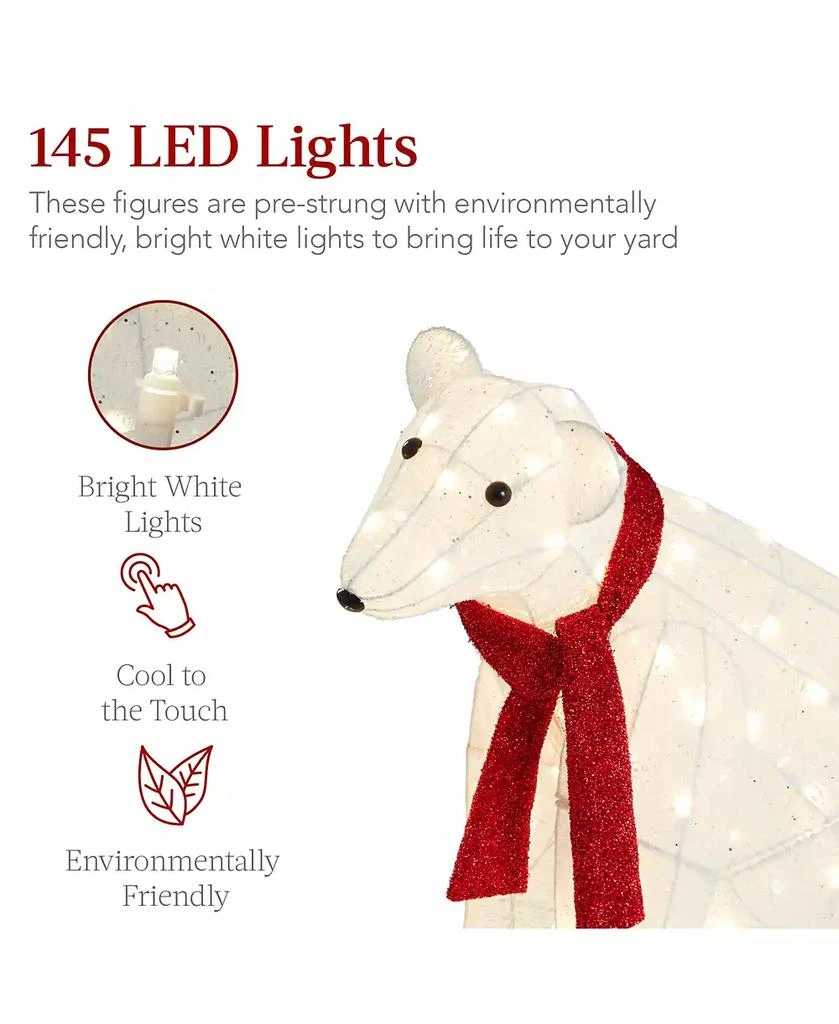 Best Choice Products Large Lighted Polar Bear Family w/ 145 Pre-Strung LED Lights, Zip Ties, Ground Stakes - Red/White 3
