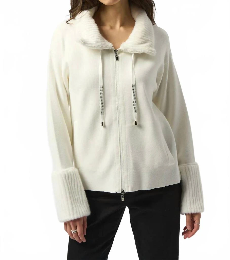 JOSEPH RIBKOFF Sweater Knit Fur Trim Long Sleeve Jacket In Winter White