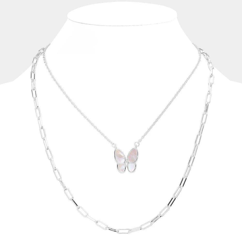 FASHNZFAB Mother Of Pearl Butterfly Pendant Double Layered Necklace