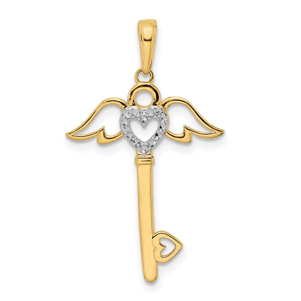 Diamond2Deal 14k Yellow Gold and White Rhodium Diamond-Cut Hear Angel Wings Key Pendant