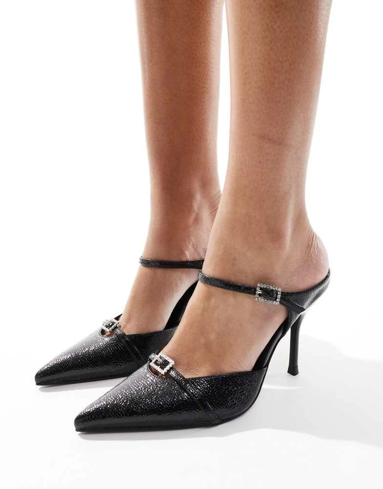 SIMMI Shoes Simmi London Gretta pointed heeled mules with embellished buckles in black sparkle 1