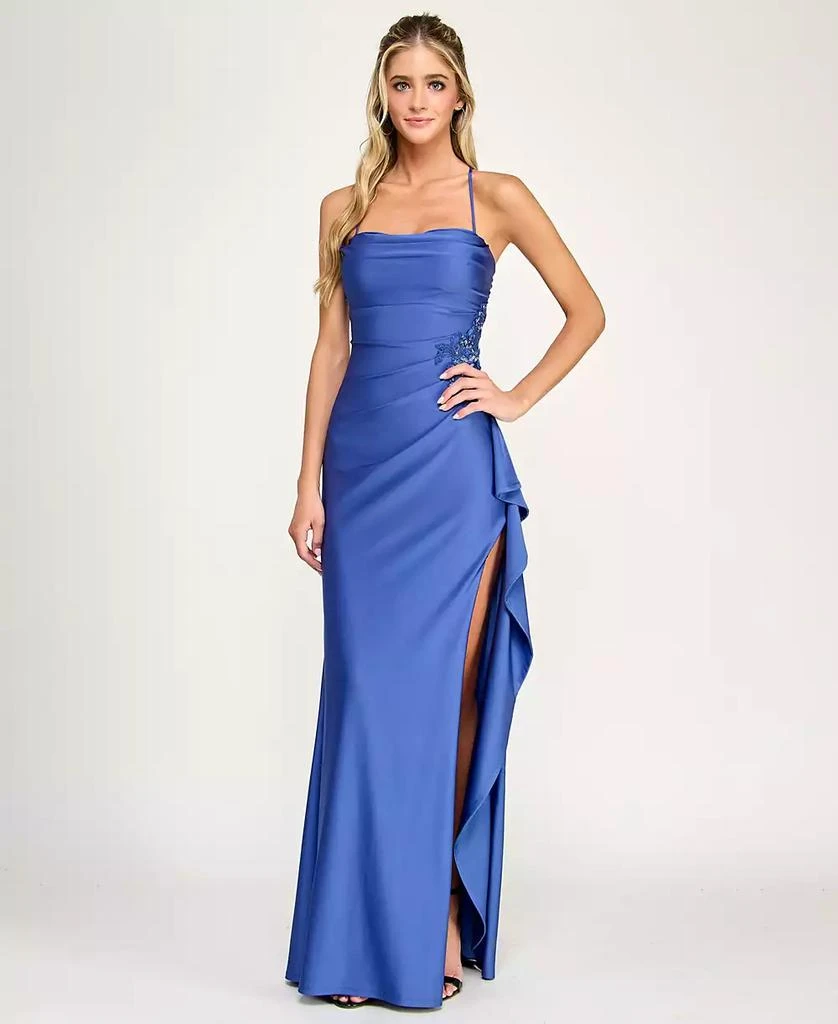City Studios Juniors
 Drape Neck Side Ruffle Gown 2