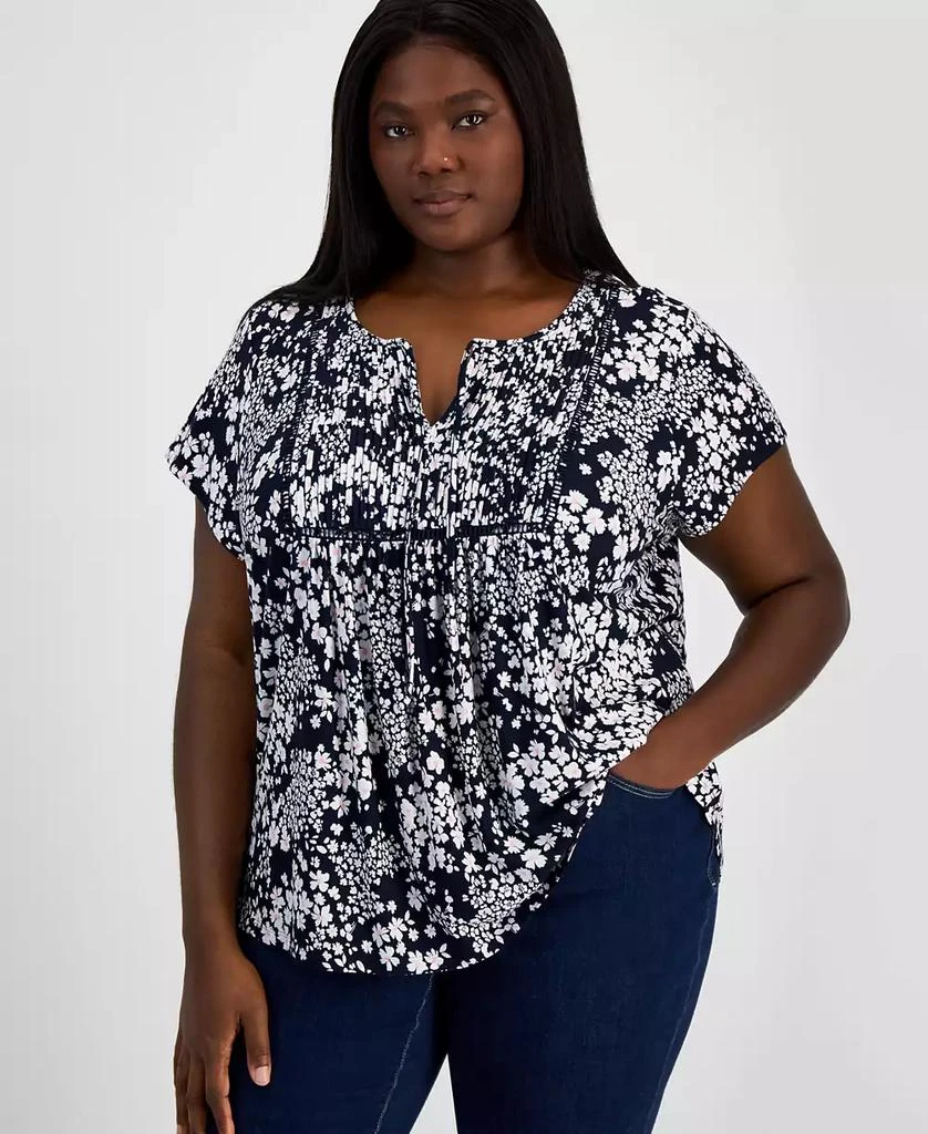 Tommy Hilfiger Plus Size Floral-Print Pintuck Split-Neck Top 1