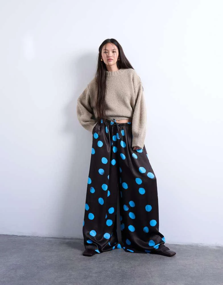 Topshop Topshop satin extreme wide leg trousers in blue and brown polka dot 2