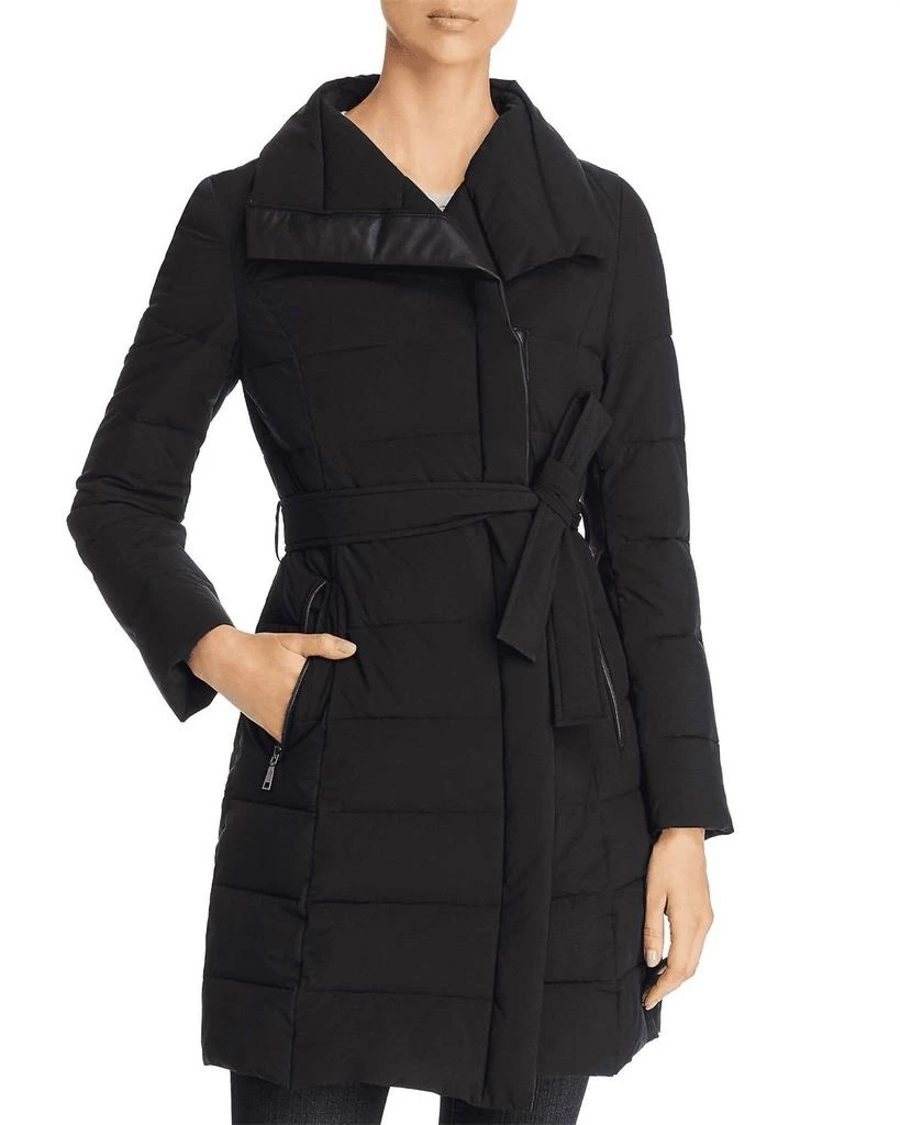 Tahari Asymmetrical Belted Stand Collar Puffer Coat In Black 1