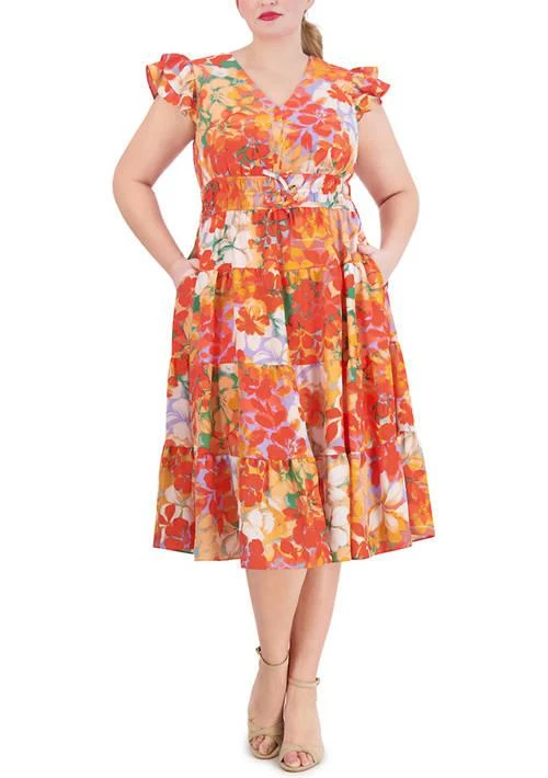 Vince Camuto Camuto Womens Short Sleeve V Neck Smocked Waist Floral Dress 1